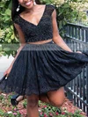 A-line V-neck Lace Short/Mini Beading Prom Dresses #Milly020106329