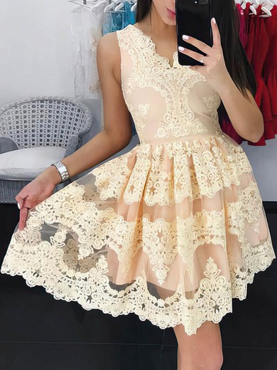 A-line V-neck Lace Short/Mini Short Prom Dresses #Milly020106334