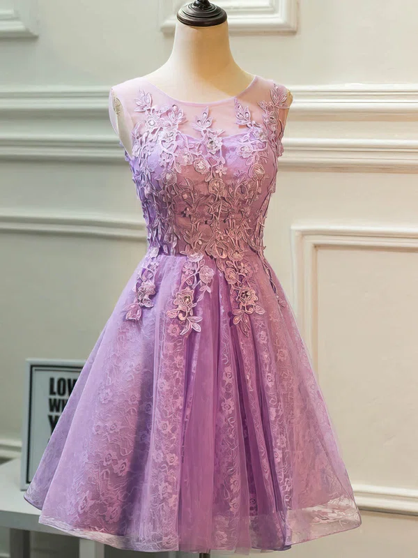 A-line Scoop Neck Lace Tulle Knee-length Beading Short Prom Dresses #Milly020106337