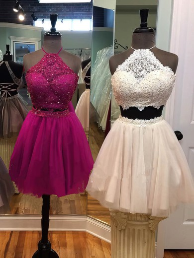 A-line Halter Lace Tulle Short/Mini Beading Prom Dresses #Milly020106342