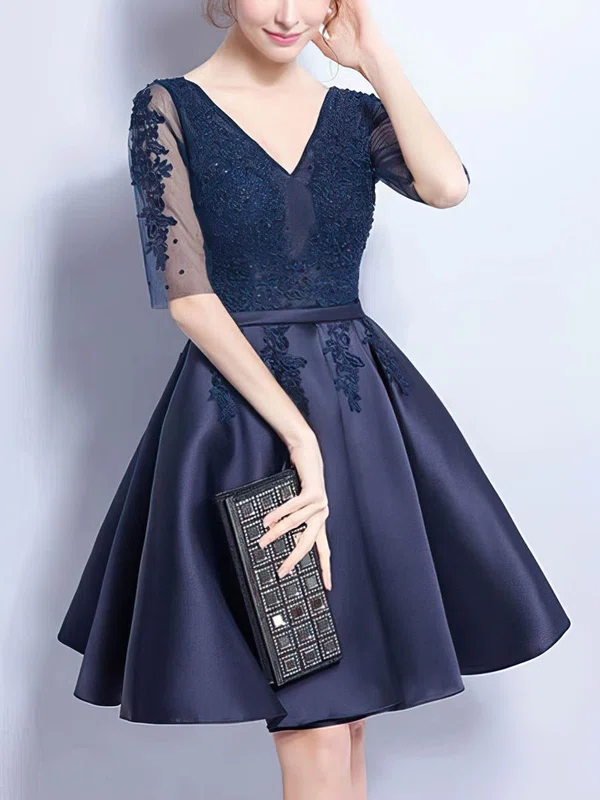 Ball Gown V-neck Satin Short/Mini Homecoming Dresses With Appliques Lace #Milly020106357