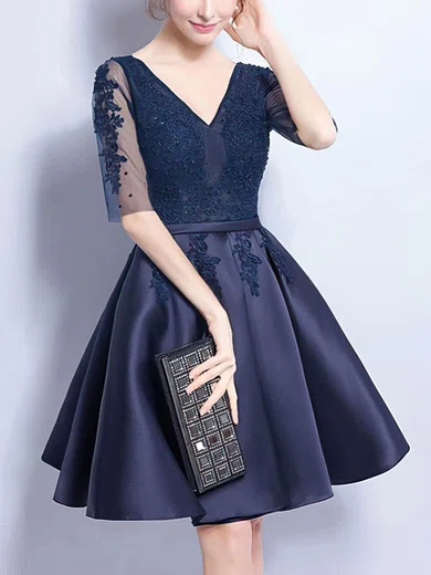 V-neck Satin A-line Homecoming Dresses With Appliques Lace #Milly020106357