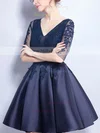A-line V-neck Satin Tulle Short/Mini Appliques Lace Prom Dresses #Milly020106357