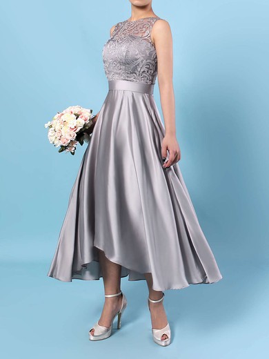 A-line Scoop Neck Lace Satin Chiffon Asymmetrical Sashes / Ribbons Bridesmaid Dresses #Milly01013476
