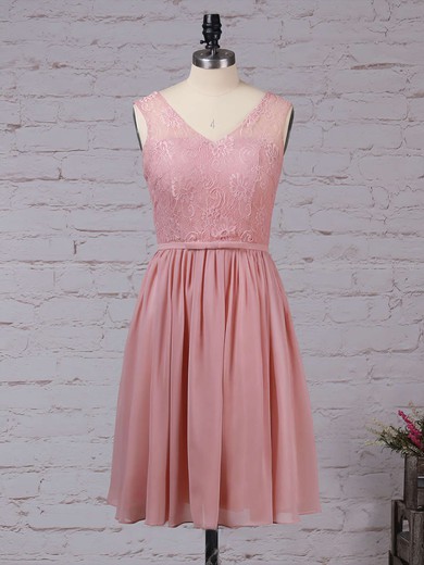 A-line V-neck Lace Chiffon Knee-length Sashes / Ribbons Bridesmaid Dresses #Milly01013497