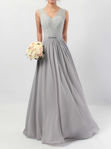 A-line V-neck Lace Chiffon Floor-length Sashes / Ribbons Bridesmaid Dresses #Milly01013498