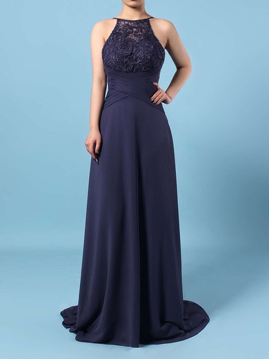 A-line Scoop Neck Lace Chiffon Sweep Train Bow Bridesmaid Dresses #Milly01013505