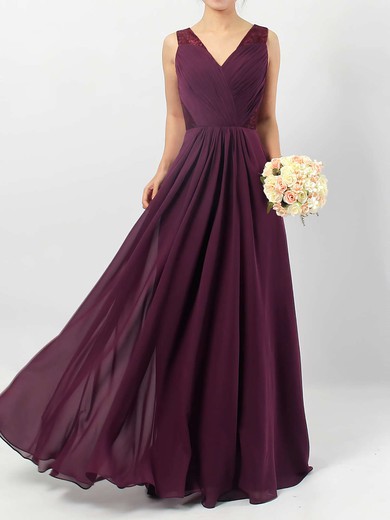 A-line V-neck Lace Chiffon Floor-length Ruffles Bridesmaid Dresses #Milly01013513