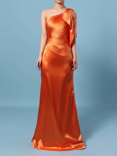 Sheath/Column One Shoulder Silk-like Satin Floor-length Ruffles Bridesmaid Dresses #Milly01013534