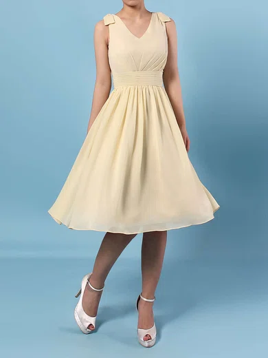 A-line V-neck Chiffon Knee-length Sashes / Ribbons Bridesmaid Dresses #Milly01013536
