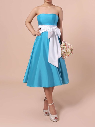 A-line Strapless Satin Knee-length Sashes / Ribbons Bridesmaid Dresses #Milly01013553