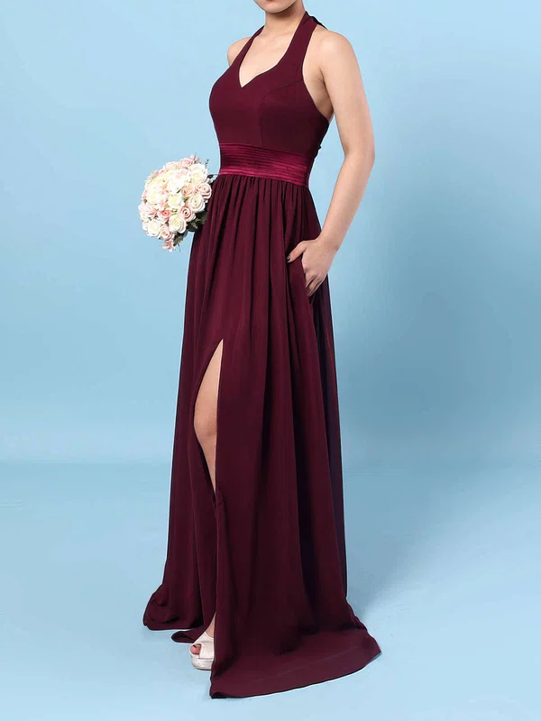 A-line Halter Chiffon Floor-length Sashes / Ribbons Bridesmaid Dresses #Milly01013563