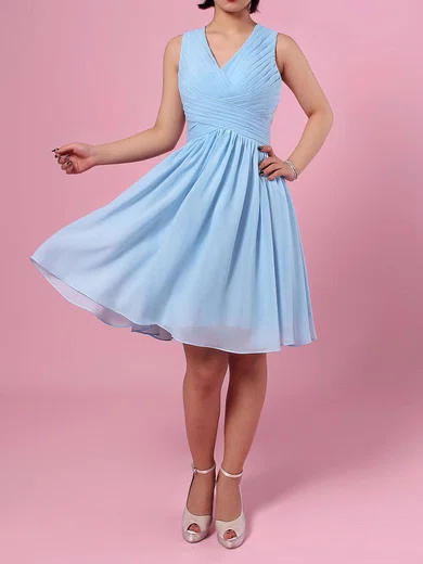 A-line V-neck Chiffon Knee-length Ruffles Bridesmaid Dresses #Milly01013564