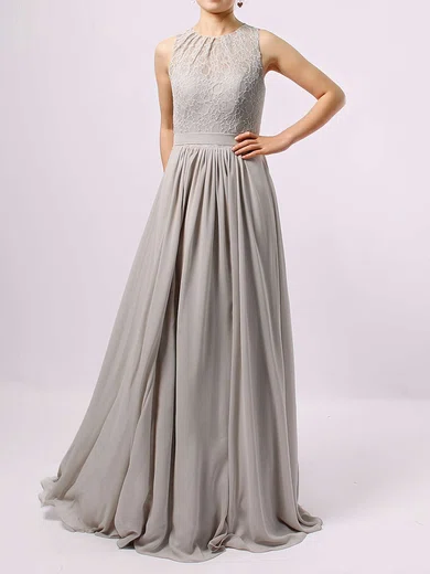 A-line Scoop Neck Lace Chiffon Floor-length Sashes / Ribbons Bridesmaid Dresses #Milly01013584