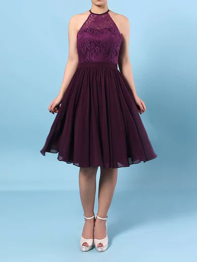 A-line Scoop Neck Lace Chiffon Short/Mini Ruffles Bridesmaid Dresses #Milly01013592