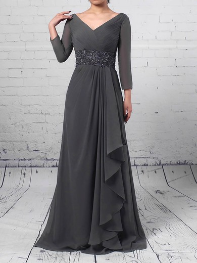 A-line V-neck Chiffon Sweep Train Beading Mother of the Bride Dresses #Milly01021700