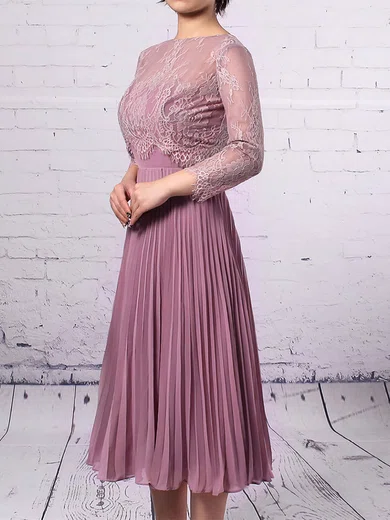 Sheath/Column Scoop Neck Lace Chiffon Knee-length Pleats Mother of the Bride Dresses #Milly01021677