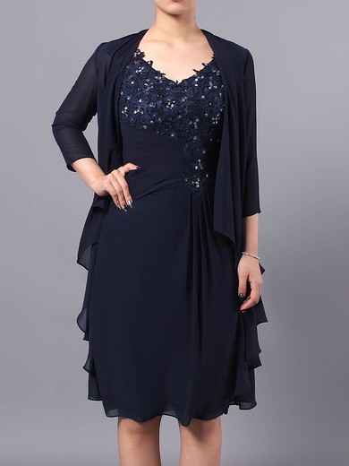 Sheath/Column V-neck Chiffon Tulle Knee-length Beading Mother of the Bride Dresses #Milly01021712