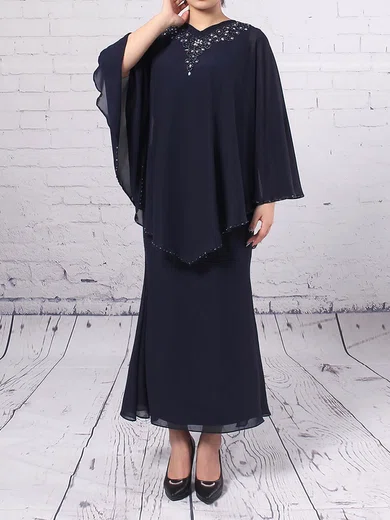Sheath/Column V-neck Chiffon Tea-length Beading Mother of the Bride Dresses #Milly01021687