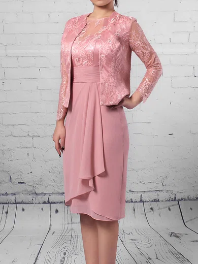 Sheath/Column Scoop Neck Lace Chiffon Knee-length Ruffles Mother of the Bride Dresses #Milly01021688