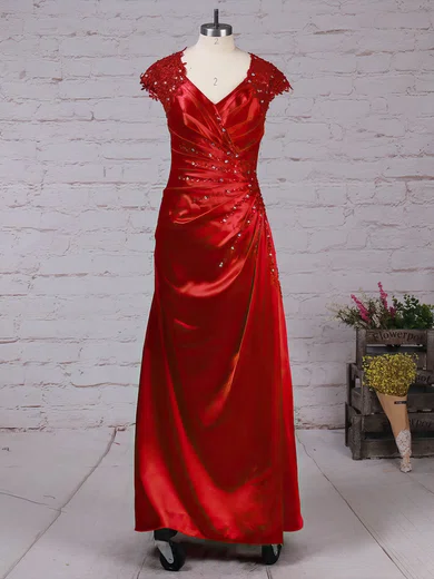 A-line V-neck Satin Tulle Ankle-length Beading Mother of the Bride Dresses #Milly01021719