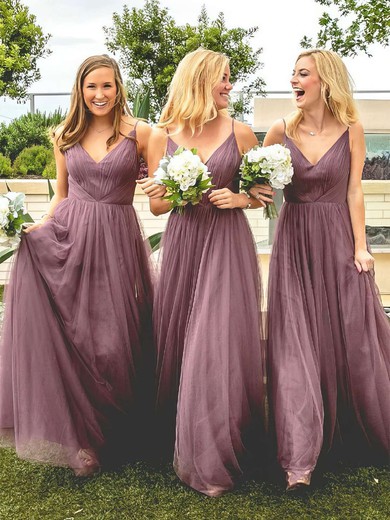A-line V-neck Tulle Floor-length Ruffles Bridesmaid Dresses #Milly01013670