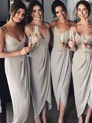 Sheath/Column V-neck Satin Chiffon Ankle-length Ruffles Bridesmaid Dresses #Milly01013674