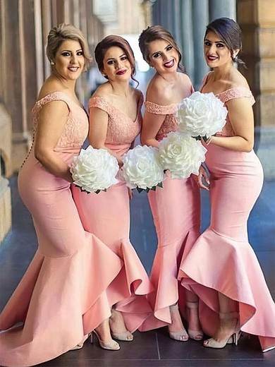 Trumpet/Mermaid Off-the-shoulder Silk-like Satin Asymmetrical Lace Bridesmaid Dresses #Milly01013683