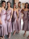 Sheath/Column Cowl Neck Silk-like Satin Tea-length Bridesmaid Dresses #Milly01013693