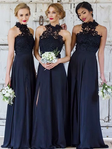 A-line High Neck Lace Chiffon Floor-length Split Front Bridesmaid Dresses #Milly01013694