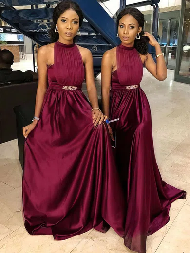 A-line High Neck Tulle Silk-like Satin Sweep Train Sashes / Ribbons Bridesmaid Dresses #Milly01013699
