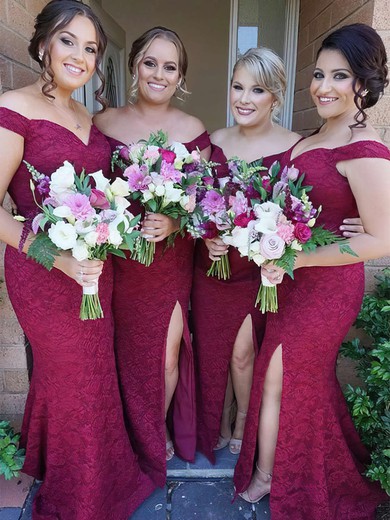 Trumpet/Mermaid Off-the-shoulder Lace Sweep Train Split Front Bridesmaid Dresses #Milly01013715