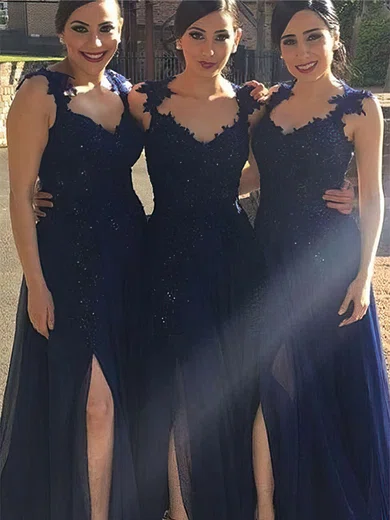 A-line V-neck Chiffon Floor-length Appliques Lace Bridesmaid Dresses #Milly01013719