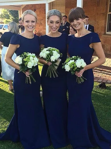 Trumpet/Mermaid Scoop Neck Silk-like Satin Sweep Train Bridesmaid Dresses #Milly01013729