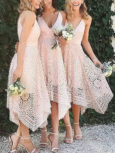 A-line V-neck Lace Tea-length Bridesmaid Dresses #Milly01013596