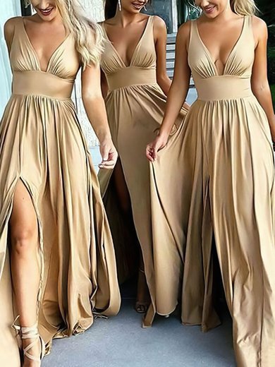 A-line V-neck Silk-like Satin Sweep Train Split Front Bridesmaid Dresses #Milly01013597