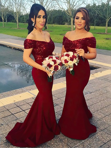 Trumpet/Mermaid Off-the-shoulder Sequined Silk-like Satin Sweep Train Bridesmaid Dresses #Milly01013599