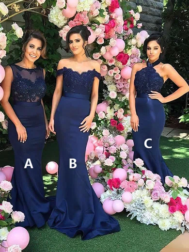Trumpet/Mermaid Halter Silk-like Satin Sweep Train Appliques Lace Bridesmaid Dresses #Milly01013602
