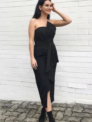 Sheath/Column Straight Silk-like Satin Tea-length Ruffles Bridesmaid Dresses #Milly01013607
