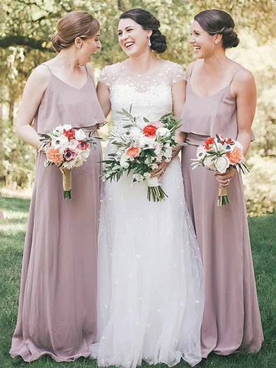 A-line Scoop Neck Chiffon Floor-length Ruffles Bridesmaid Dresses #Milly01013612