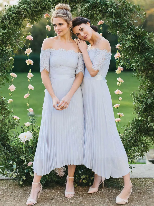 A-line Off-the-shoulder Lace Chiffon Ankle-length Sashes / Ribbons Bridesmaid Dresses #Milly01013619