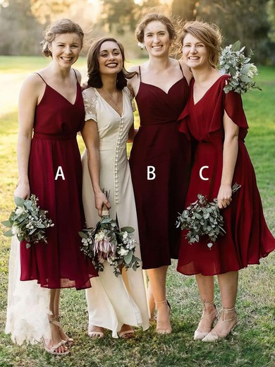 A-line V-neck Chiffon Tea-length Bridesmaid Dresses #Milly01013637
