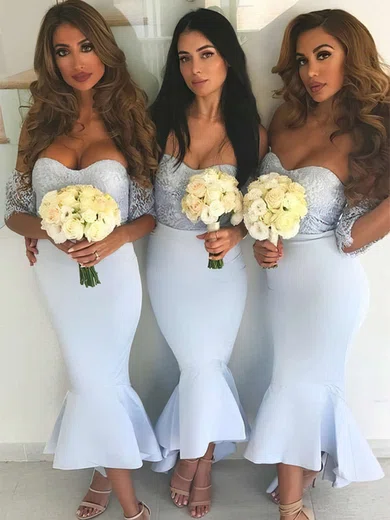 Trumpet/Mermaid Off-the-shoulder Silk-like Satin Ankle-length Lace Bridesmaid Dresses #Milly01013646