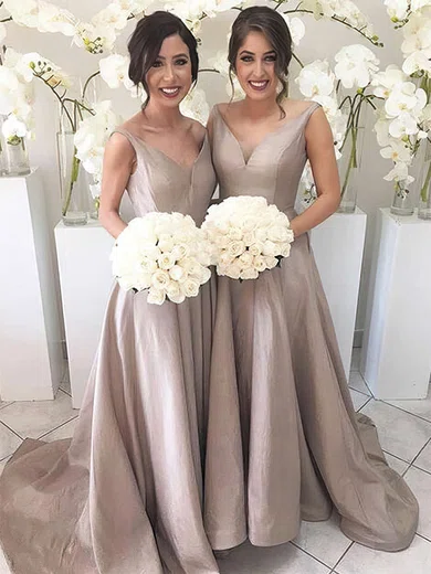 A-line V-neck Silk-like Satin Sweep Train Bridesmaid Dresses #Milly01013647