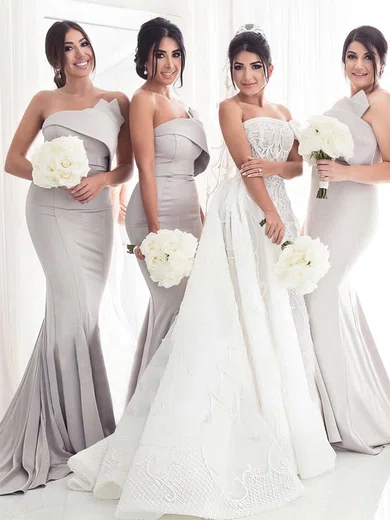 Trumpet/Mermaid Strapless Silk-like Satin Sweep Train Bridesmaid Dresses #Milly01013658