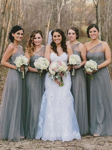 A-line One Shoulder Tulle Floor-length Bridesmaid Dresses #Milly01013660