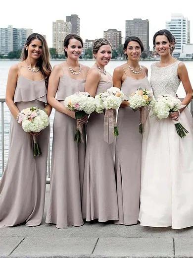 A-line Scoop Neck Chiffon Sweep Train Ruffles Bridesmaid Dresses #Milly01013661