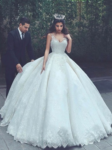 Ball Gown V-neck Lace Floor-length Wedding Dresses With Appliques Lace #Milly00023322