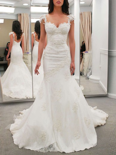 Trumpet/Mermaid V-neck Lace Sweep Train Wedding Dresses With Appliques Lace #Milly00023323