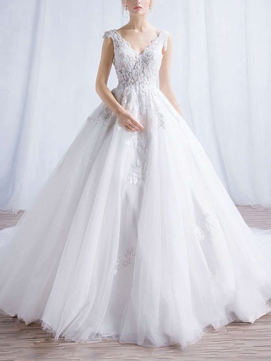 Ball Gown V-neck Tulle Chapel Train Appliques Lace Wedding Dresses #Milly00023324